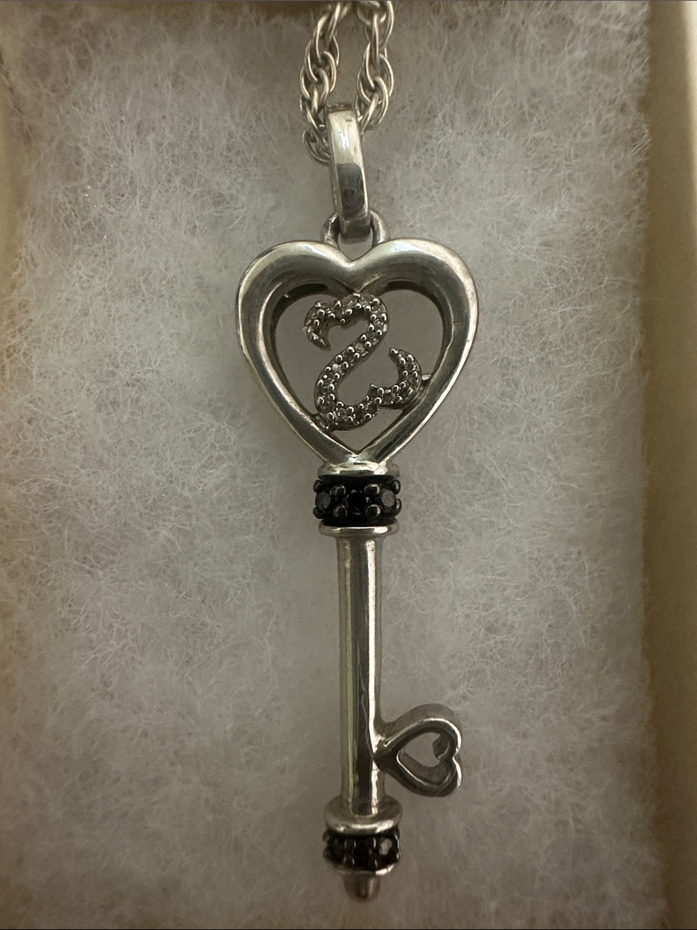 Sterling Silver Heart Key Pendant Necklace - Black Accents